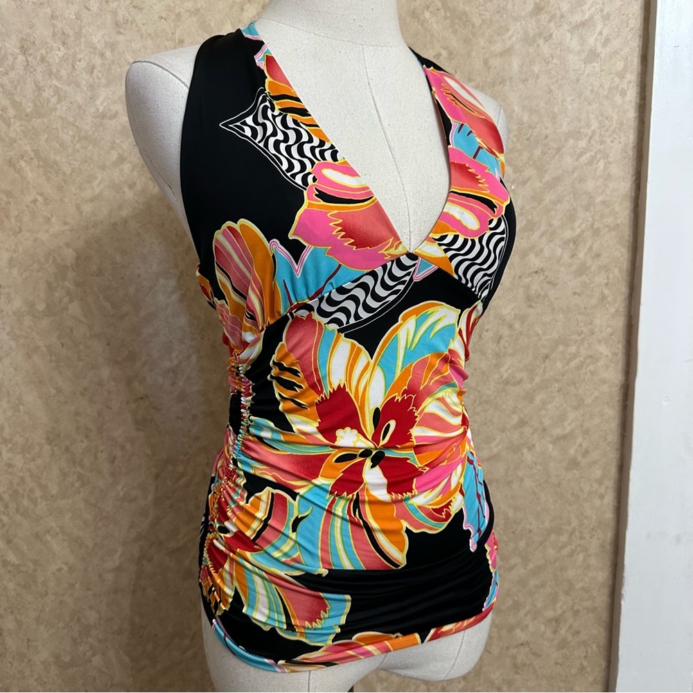 VTG Y2K 2000s Tropical Floral Hibiscus Flower Colorful Halter Tank Top - Picture 2 of 7